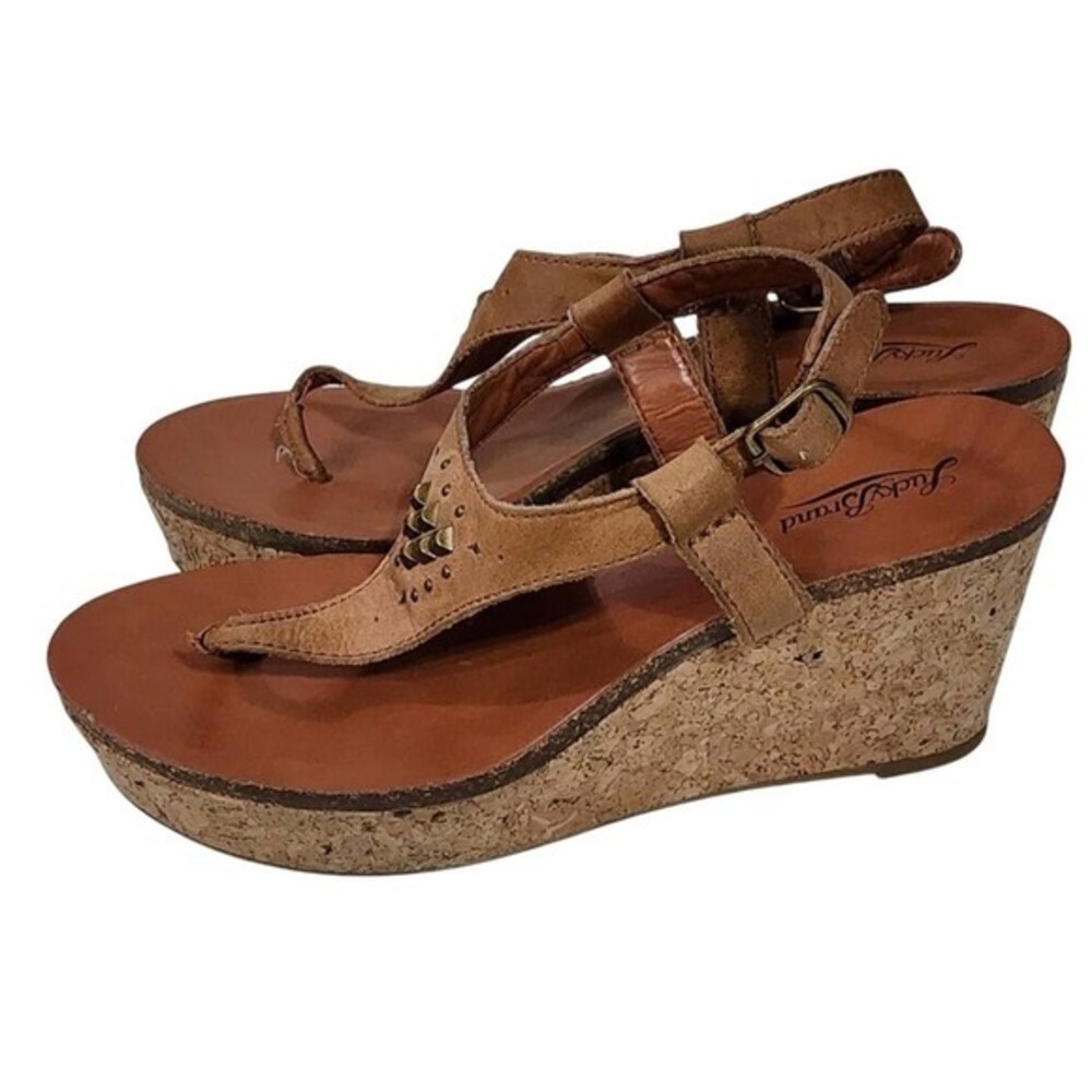 Lucky brand Narnie leather studded cut out cork Wedge Sandals women's size 8.5